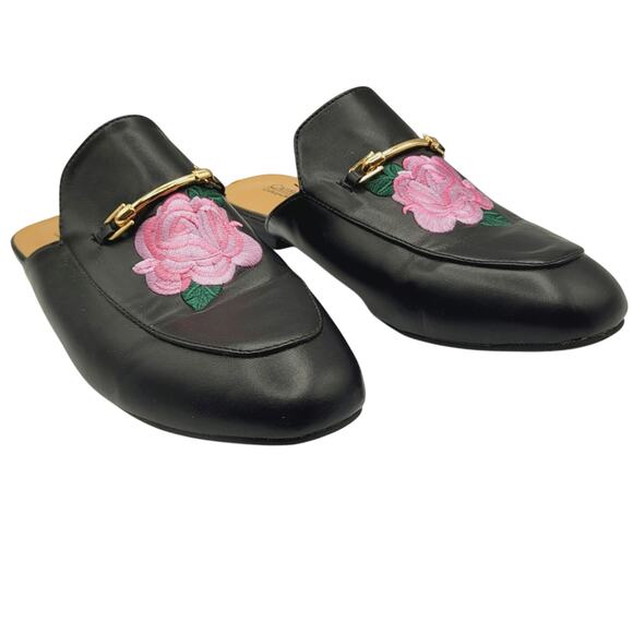Catherine Maladrino Pika Horse bit Blck Vegan Embroidered Pink Rose Mules Sz 8.5 - Picture 2 of 10